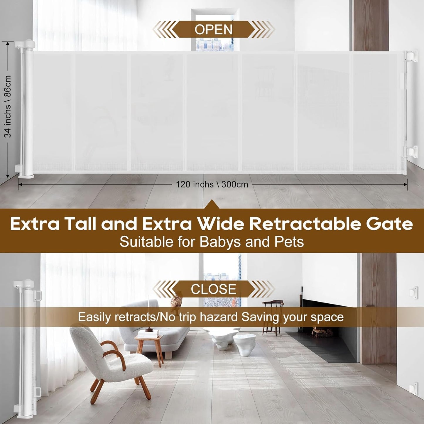 Miumoon 120 inch Retractable Baby Gates 34 inch Tall, Retractable Gate with Reinforced Strip Design to Prevent Crawling Through, 10 FT Extra Wide Retractable Dog Gate for Indoor/Outdoor