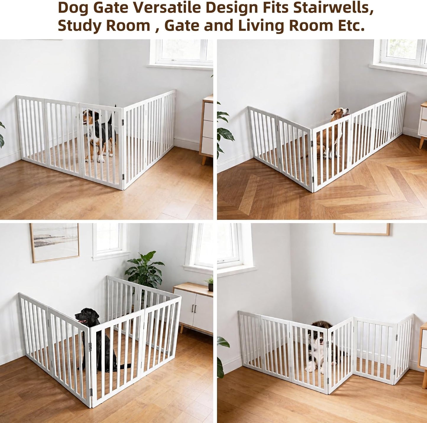 Dog Gate Indoor, Freestanding Dog Fence for The House, Doorways, Hallways,or Stairs,Pet Gate Foldable Wooden,Expandable 24" Height 3 Panels,White