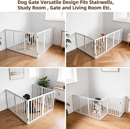 Dog Gate Indoor, Freestanding Dog Fence for The House, Doorways, Hallways,or Stairs,Pet Gate Foldable Wooden,Expandable 24" Height 3 Panels,White