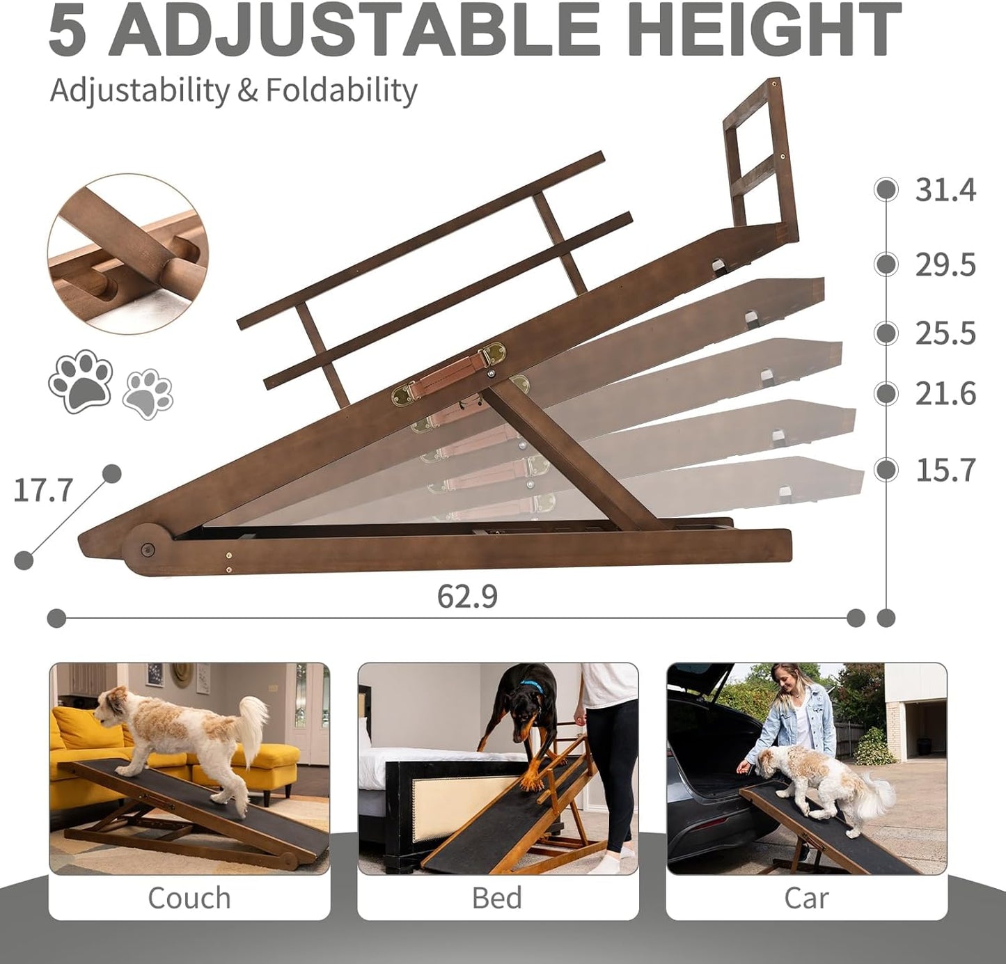 ABORON Antislip Dog Ramp, Adjustable Folding Pet Ramp for Small & Large Old Dogs & Cats, High Traction Portable Rubber Paw Ramps, Supports up to 200 lbs, Used for Bed Couch SUV, 39.3'' Long
