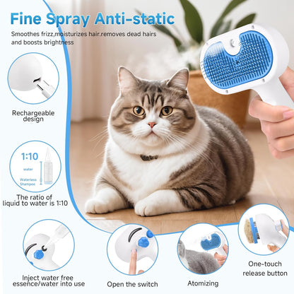 Pet Steam Brush for Dog & Cat - 3-in-1 Steam Grooming Brush for Shedding & Hair Removal - Self Cleaning Spray Comb with Mist for Long Haired Pets - Includes 1*Waterless Shampoo, Blue.