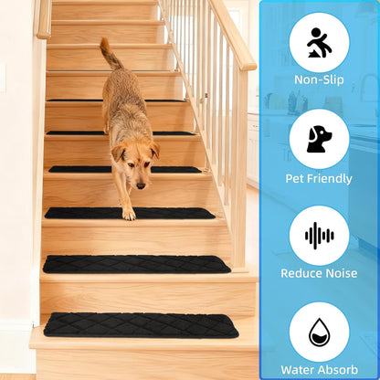 Art3d Stair Treads for Wooden Steps 15Pcs, 8" X 30" X 0.3" Non Slip Stair Runner Rugs with Reusable Adhesive for Elders Kids and Dogs, Washable Peel and Stick Stair Treads Carpet, Gray