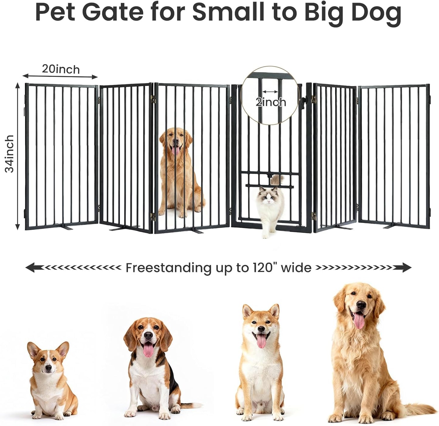 Metal Freestanding Dog Gate with Cat Door for Outdoor Indoor,80" Extra Wide Foldable Pet Fence,30" Tall Dog Gate for Large Opening,Stairs,Hallways,Doorways,Deck,Yard,with 3PCS Support(4 Panels,Black)