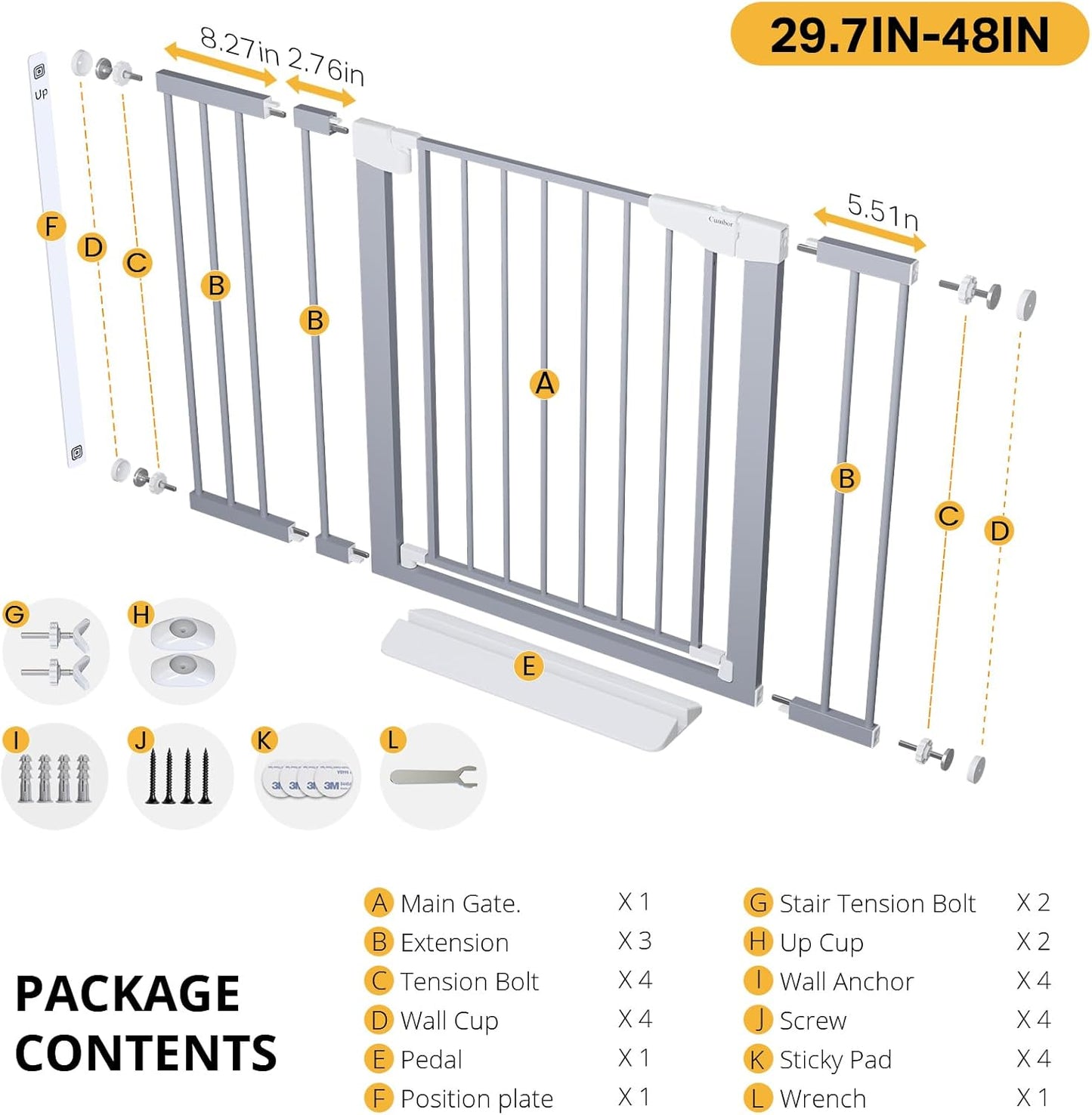 Cumbor 36.6-64" Extra Wide Baby Gate for Stairs, Dog Gates for Doorways, Auto-Close Pet Gate Indoor, Pressure Mounted Walk Through Safety Child Gate for Kids Toddler, Tall Pet Puppy Fence Gate, Brown
