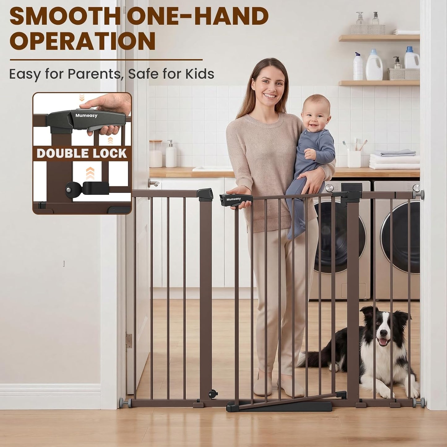 Mumeasy Baby Gate Extra Wide, 29.7-51'' Pressure Mounted Dog Gate with Walk Thru Door, Auto Close Pet Gate for House, Stairs, Doorways,Black
