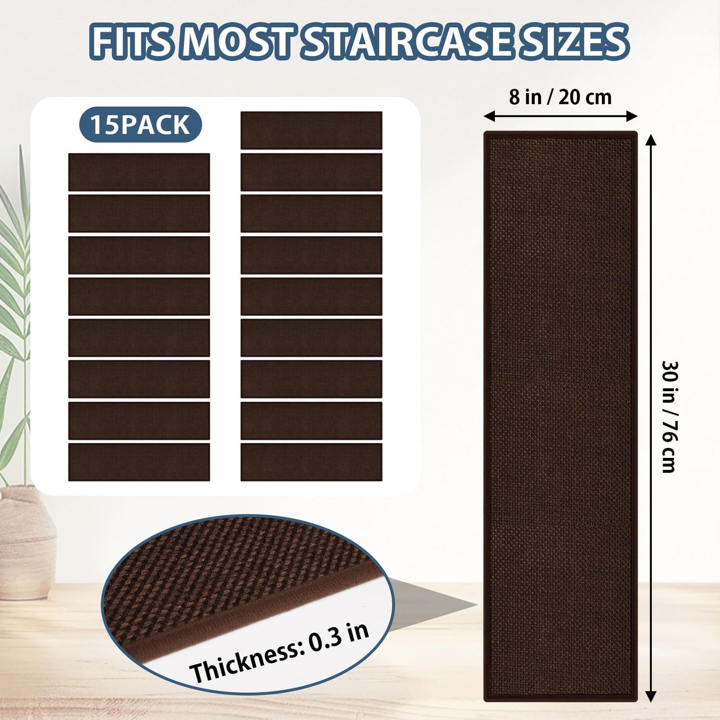 Peel and Stick Adhesive Stair Treads for Wooden Steps Indoor Set of 15 Pack, Rubber Backed Non Slip Jute Stair Rug Step Pads for Pet Dog, Elders and Kids, Beige