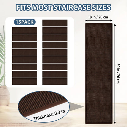 Peel and Stick Adhesive Stair Treads for Wooden Steps Indoor Set of 15 Pack, Rubber Backed Non Slip Jute Stair Rug Step Pads for Pet Dog, Elders and Kids, Beige
