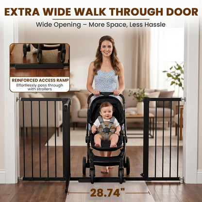 Mumeasy Baby Gate Extra Wide, 29.7-51'' Pressure Mounted Dog Gate with Walk Thru Door, Auto Close Pet Gate for House, Stairs, Doorways,Black
