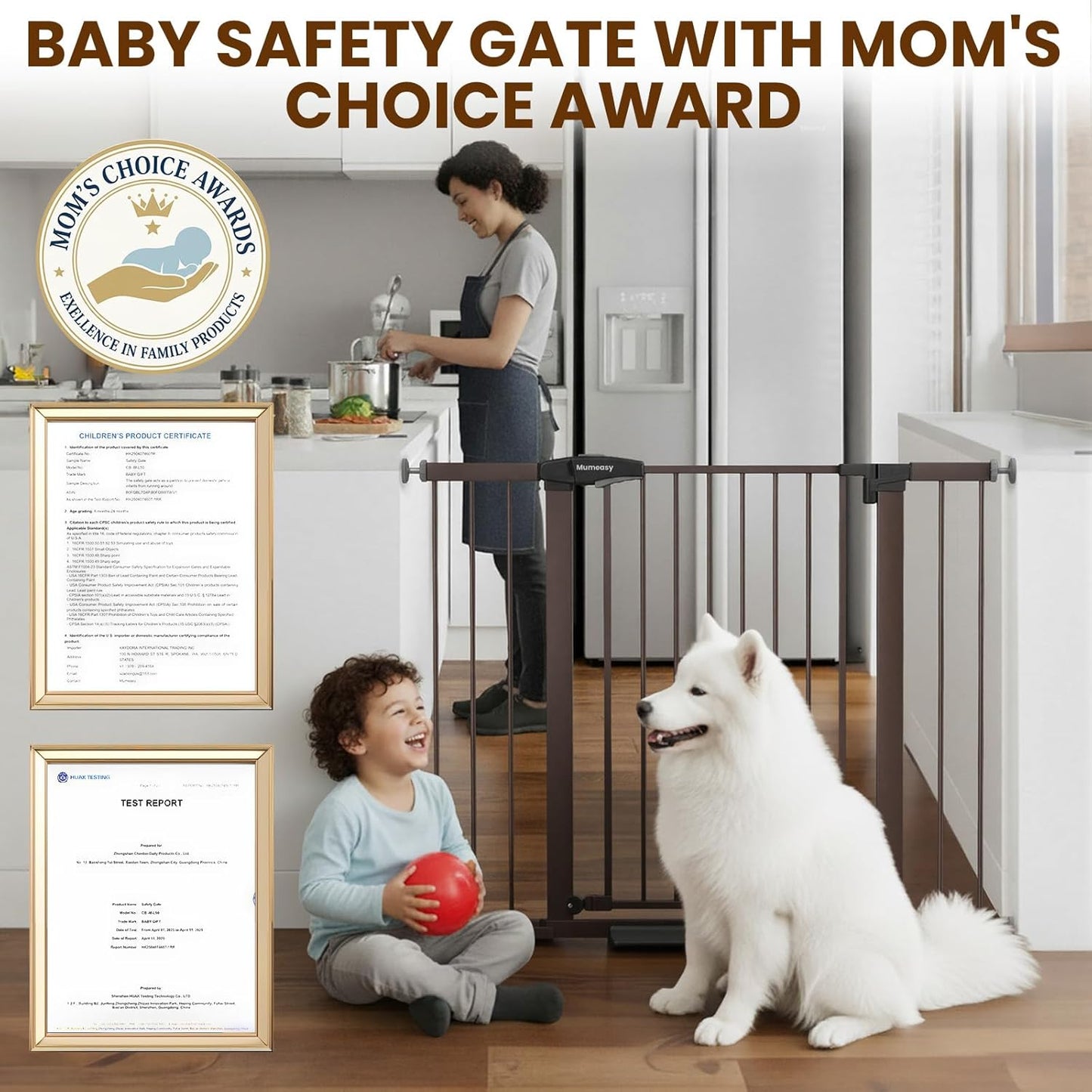 Mumeasy 29.7-46" Baby Gate for Stairs, Pressure Mounted Dog Gate for Doorways, Auto Close Walk Through Pet Gate Indoor, Extra Wide Metal Child Safety Gate, Mom's Choice Awards Winner, Black