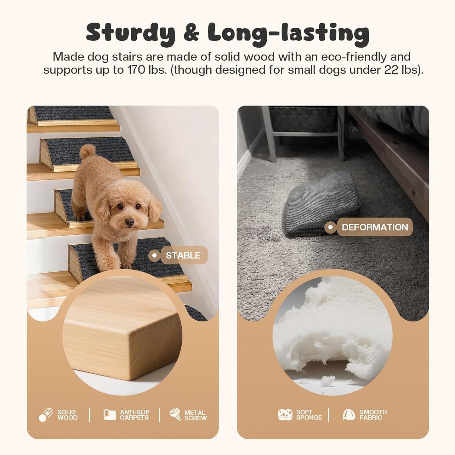 4-Pack Wooden Dog Ramp for Stairs, Anti-Slip Pet Steps for Small Dogs with Carpet Surface, Low-Angled Pet Ramps for Staircase, Steps and Stairs Assist for Injured & Aged Pets, Stairs Ramp for Dogs