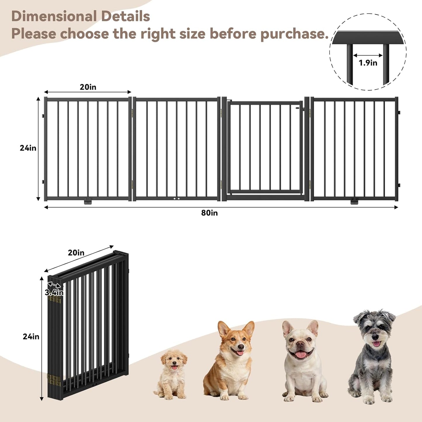 SNUOWU Full Metal Freestanding Dog Gate with Door, 32''Height Foldable Pet Dog Fence for Indoor & Outdoor, 4 Panels Extra Wide Free Standing TallDog Gates for Doorways,House,Stairs,Porch,Deck,Yard