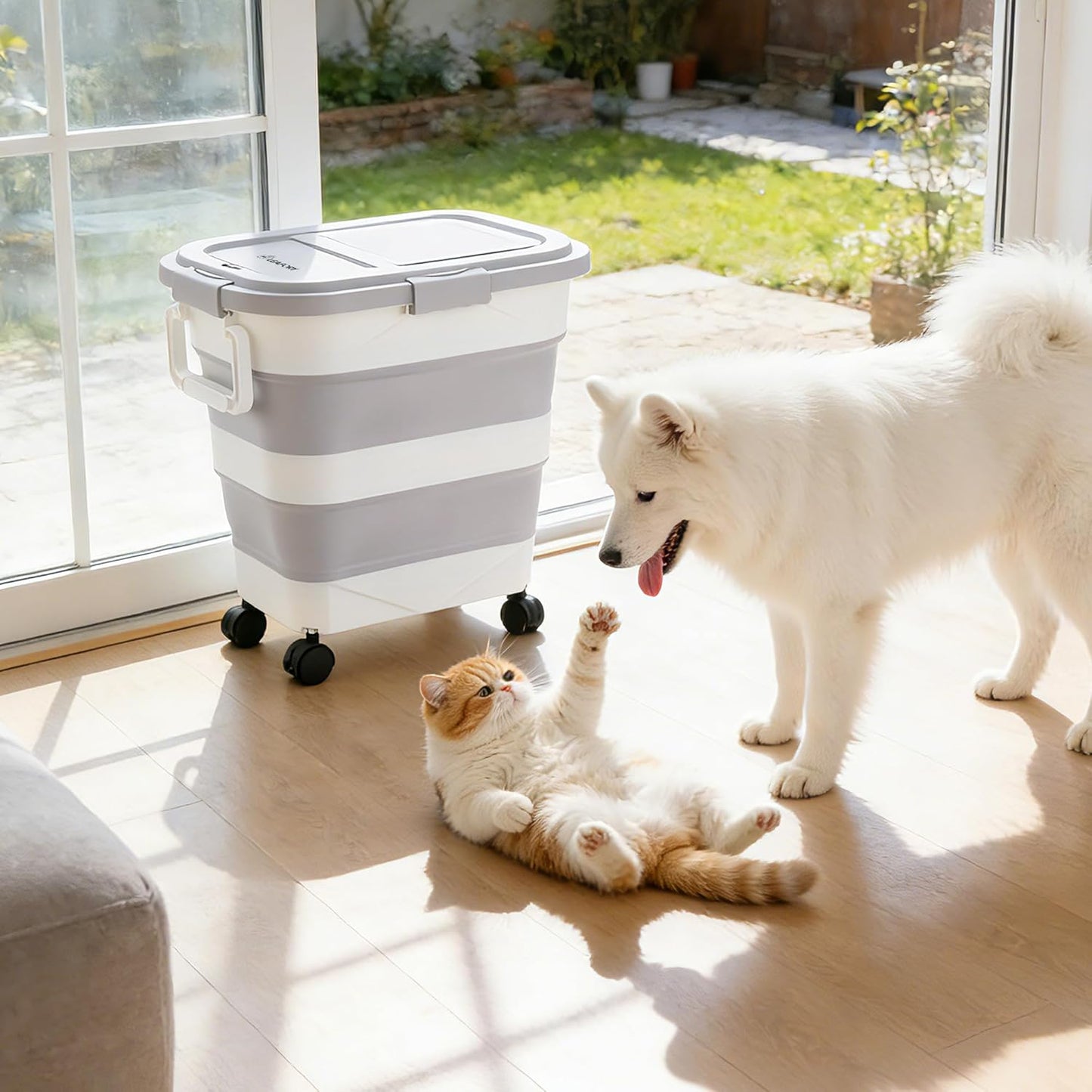 Dog Food Storage Container 30-40lbs, Airtight Pet Food Bin with Locking Lid & Clear Window, Collapsible Rolling Storage Container with Wheels & Scoop, Gray