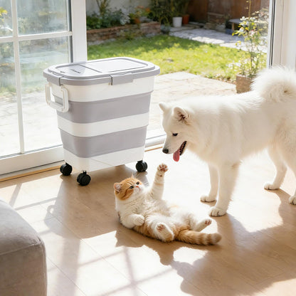 Dog Food Storage Container 30-40lbs, Airtight Pet Food Bin with Locking Lid & Clear Window, Collapsible Rolling Storage Container with Wheels & Scoop, Gray