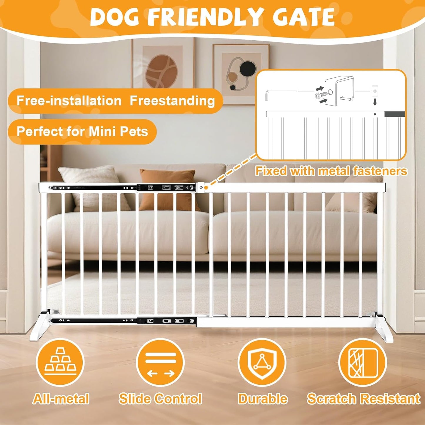 White Metal Dog Gate for Small Dogs - 13.3" Short Freestanding Puppy Gate with Retractable Sliding Rail, No Installation, Indoor/Outdoor Use, Foldable & Portable Pet Barrier