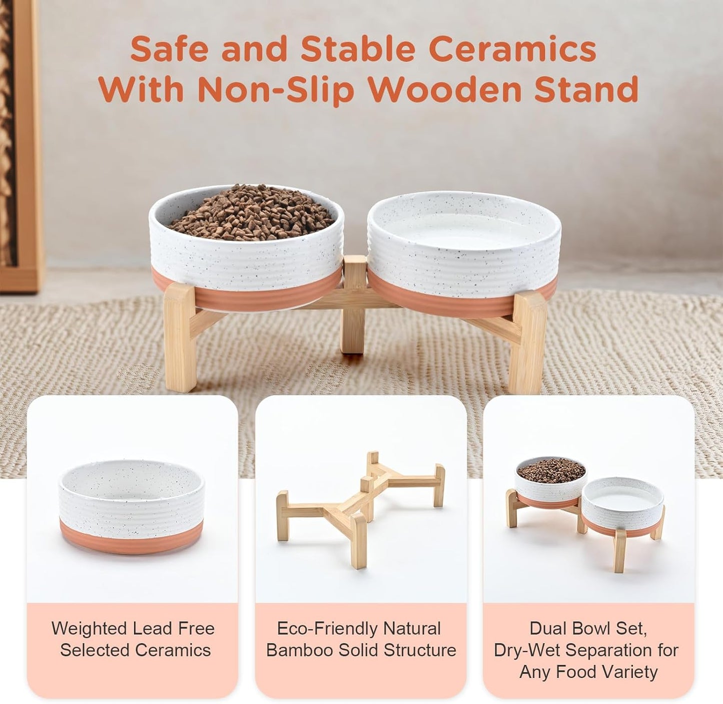 SPUNKYJUNKY Elevated Dog Bowls Ceramic, 6.1'' Dogs and Cat Food Water Bowls Raised with Non-Slip Bamboo Stand for Medium Sized Breed Microwave Dishwasher Safe - 28.7 OZ,Beige
