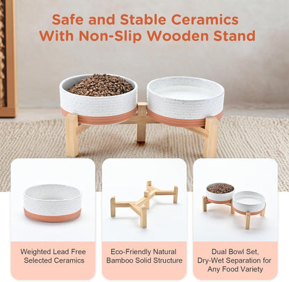 SPUNKYJUNKY Elevated Dog Bowls Ceramic, 6.1'' Dogs and Cat Food Water Bowls Raised with Non-Slip Bamboo Stand for Medium Sized Breed Microwave Dishwasher Safe - 28.7 OZ,Beige