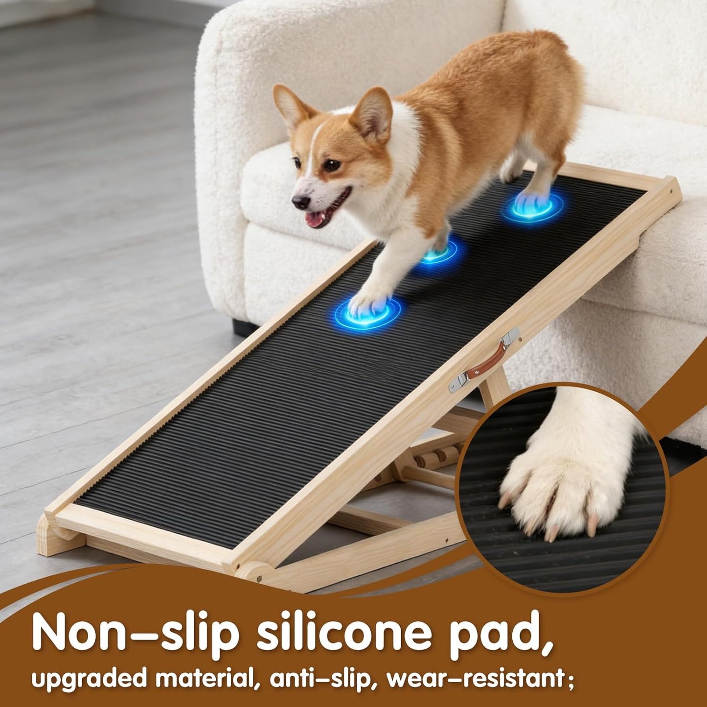 Dog Ramp for Couch with Non-Slip Silicone Mat, 39" Wooden Pet Ramps for Small Dogs, Hold up to 100lb, Adjustable Height from 11.41" to 20.47", Portable Stable Pet Step for Sofa Stairs