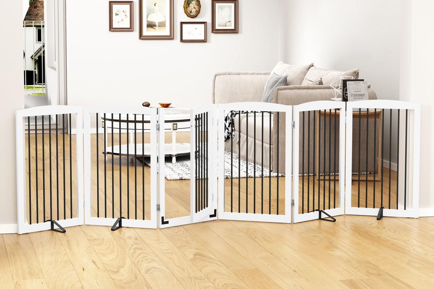 PUPETPO Freestanding Dog Gate with Door, Pet Gate for Stairs, 80 inch Wide Pet Barrier Indoor, Dog Fences Indoor, Support Feet Included, 4 Panels, 24" Tall, Dark Brown