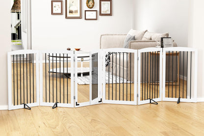 PUPETPO Freestanding Dog Gate with Door, Pet Gate for Stairs, 80 inch Wide Pet Barrier Indoor, Dog Fences Indoor, Support Feet Included, 4 Panels, 24" Tall, Dark Brown