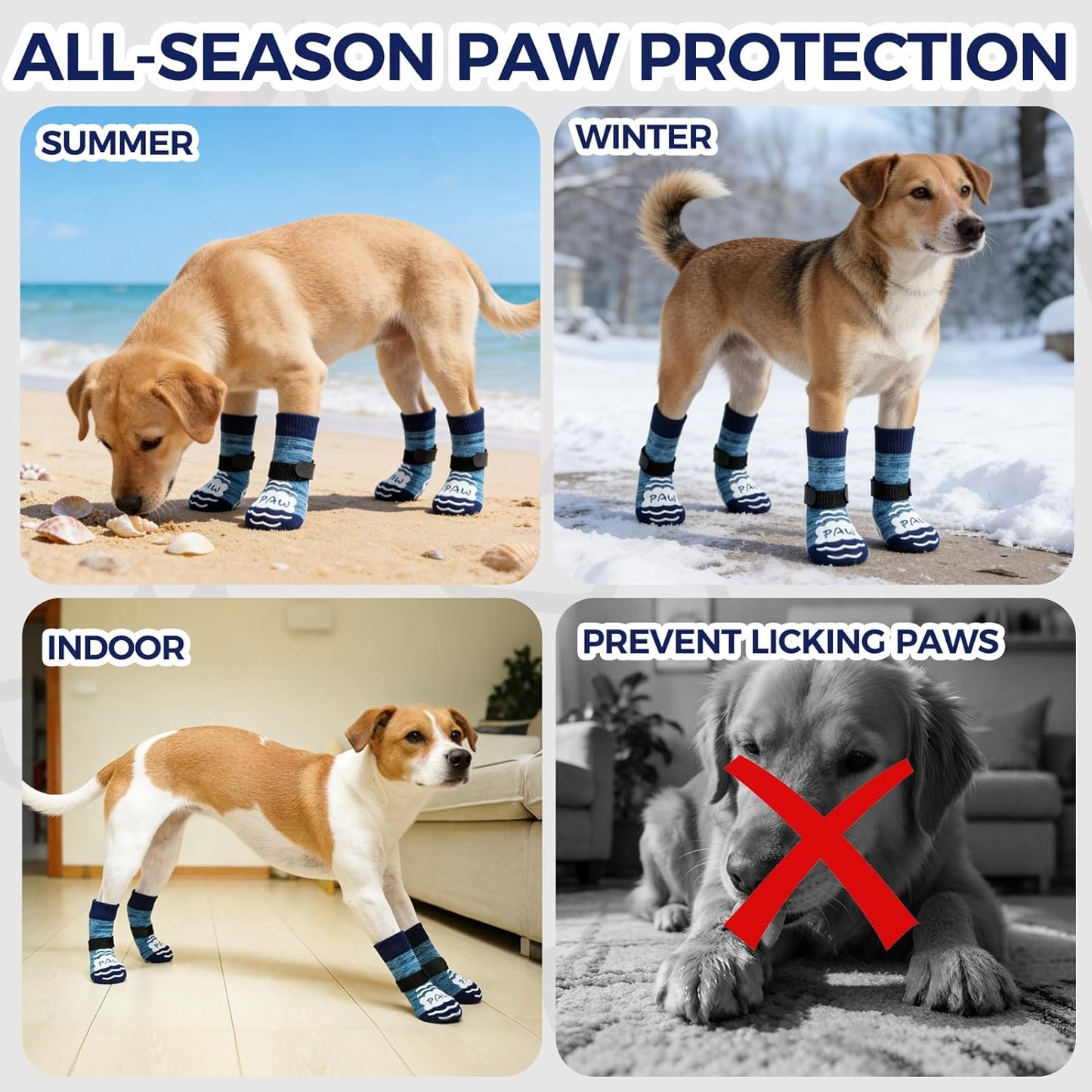 BINGPET Dog Socks to Prevent Licking Paws -Dog Shoes for Hot Pavement,Extra-Thick Grippy Dogs Sock for Hardwood Floors Anti-Slip,4Pcs All-Weather Boots Paw Protector for Small Medium Large Senior Dogs
