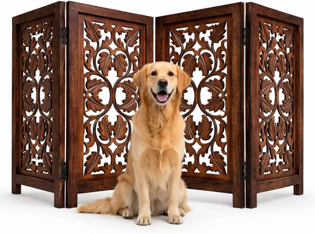 Freestanding Pet Gate for Dogs, Foldable Wooden Dog Gate for House, Indoor Dog Gate for Stair, Doorway, House Design Gates for Dogs Indoor, 72 Inch Wide, (18" x4 Panels 72 inch), Burnt Finish