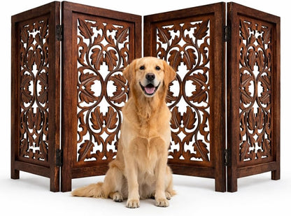 Freestanding Pet Gate for Dogs, Foldable Wooden Dog Gate for House, Indoor Dog Gate for Stair, Doorway, House Design Gates for Dogs Indoor, 72 Inch Wide, (18" x4 Panels 72 inch), Burnt Finish