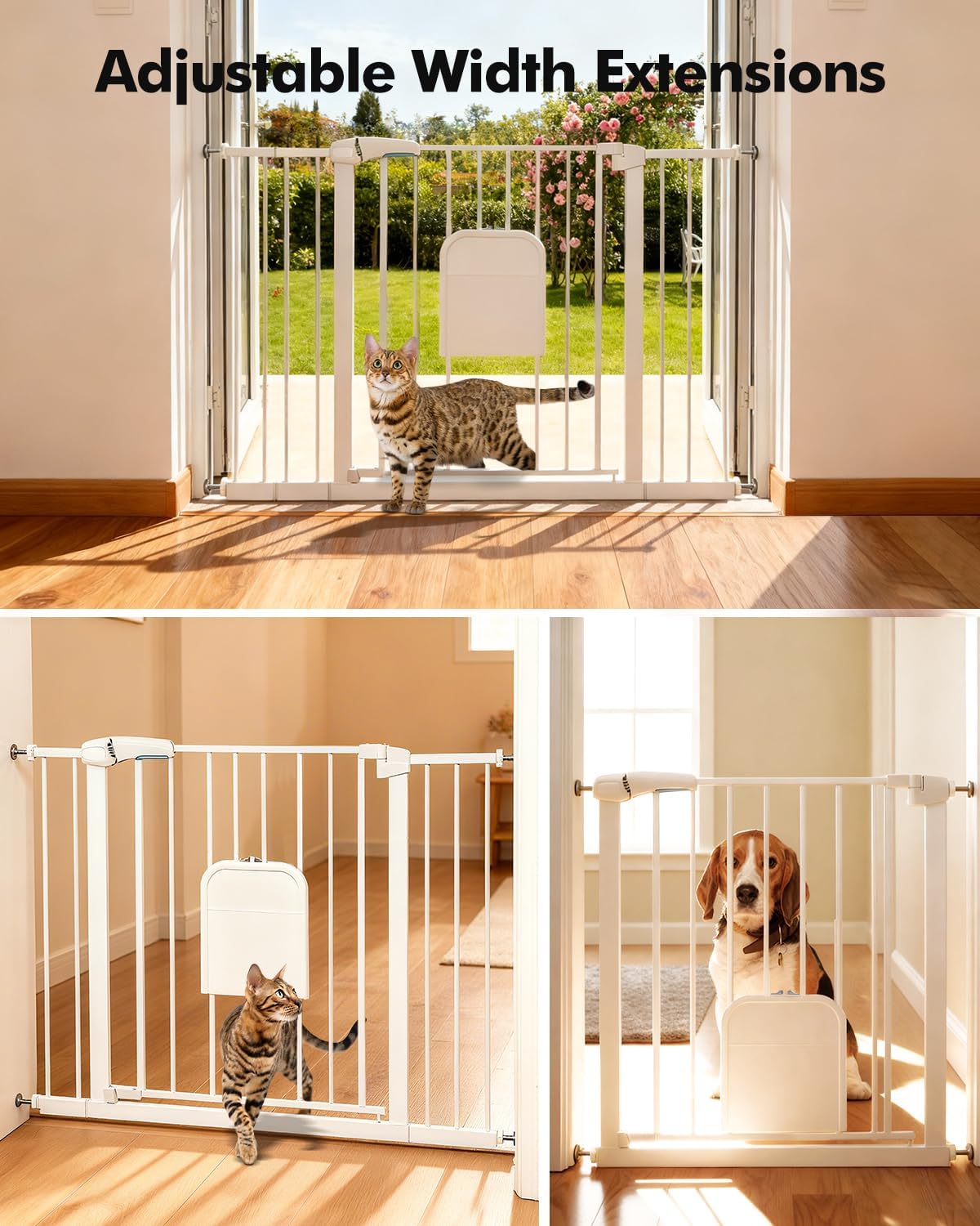 Pet Gate with Adjustable Cat Door, 31–46 Inch Pressure Mounted Dog Gate for Doorways, Stairs and Hallways, Auto Close Walk Through Metal Safety Gate, Easy Install, White