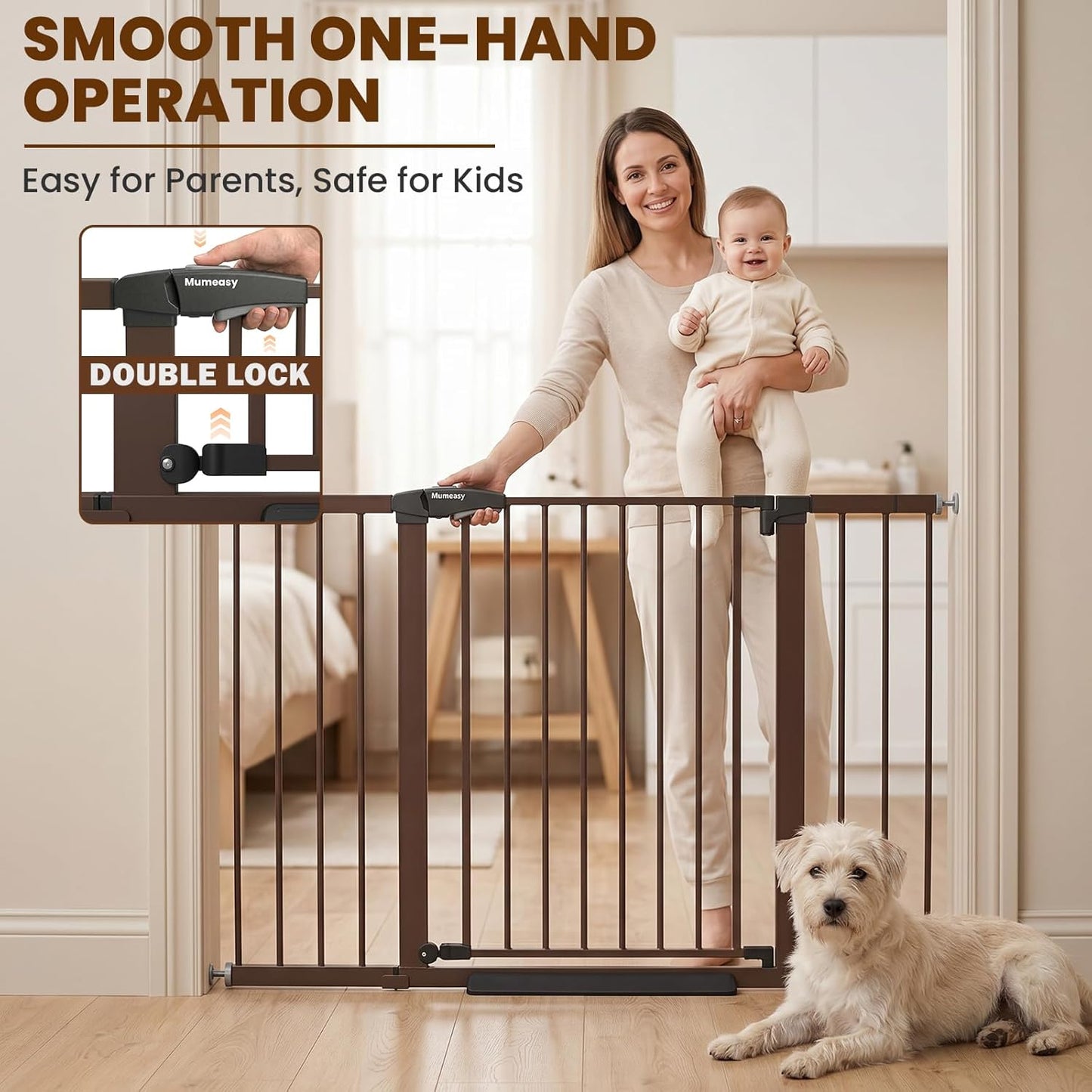 Mumeasy Baby Gate Extra Wide, 29.7-51'' Pressure Mounted Dog Gate with Walk Thru Door, Auto Close Pet Gate for House, Stairs, Doorways,Black