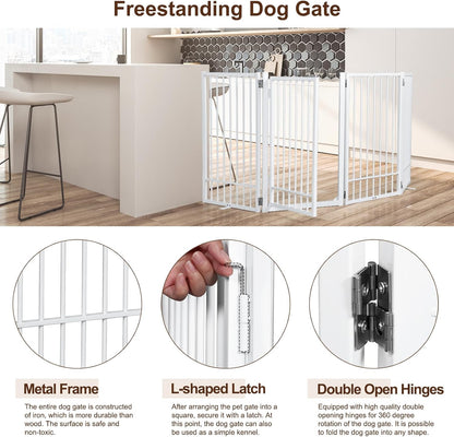 Metal Freestanding Dog Gate with Door, Extra Wide 81", 31" Height Foldable Dog Gates for Doorways, Tall Pet Fence Indoor Pet Gates, 4 Panels Pet Barrier for Stairs Hallways, Black