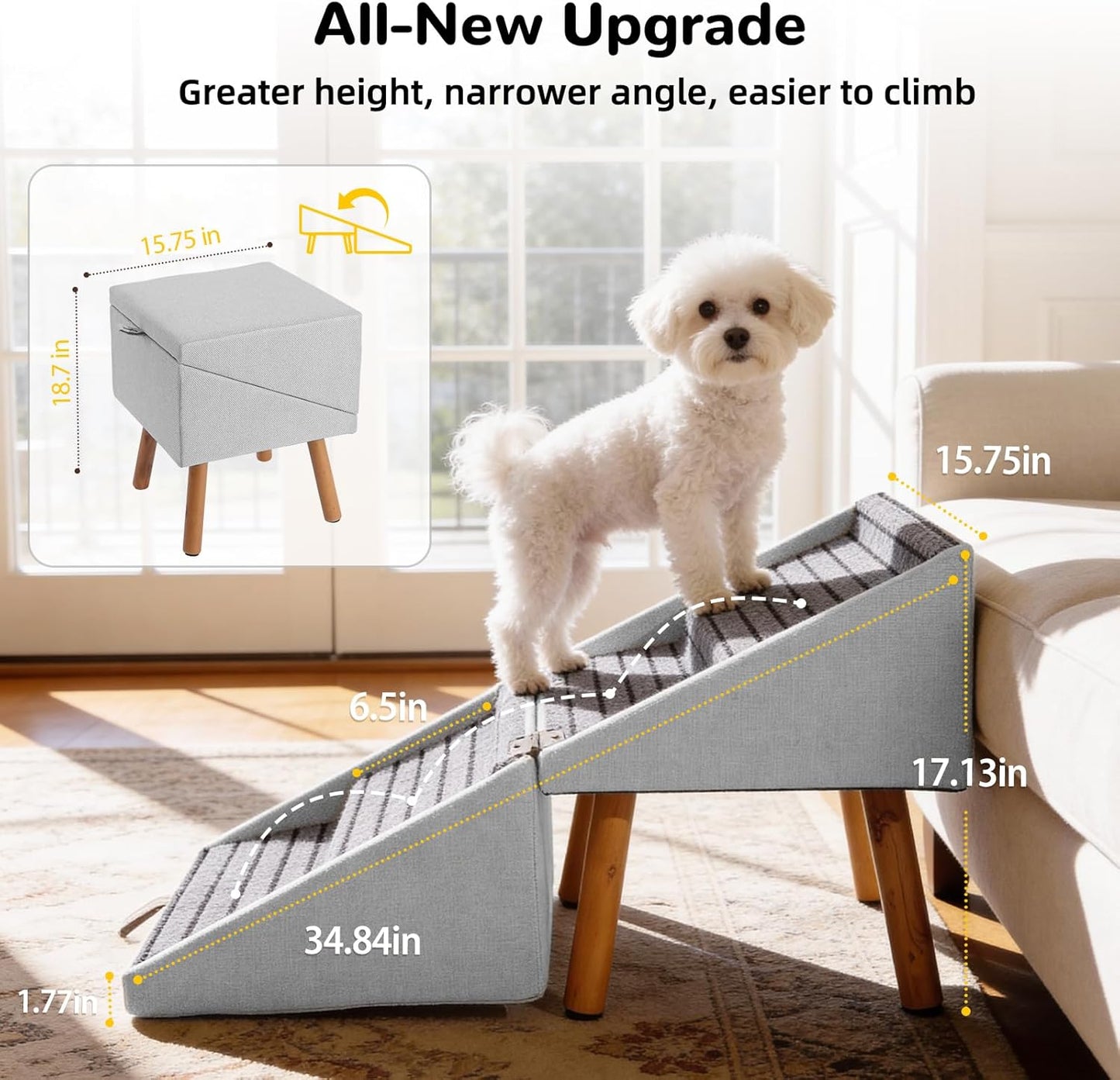 17.13" H Dog Stairs for Small Dogs, 2-in-1 Pet Steps & Ottoman - Foldable Dog Stairs for Couch, Non-Slip Wooden Pet Stairs for Puppy Senior Injured Dogs