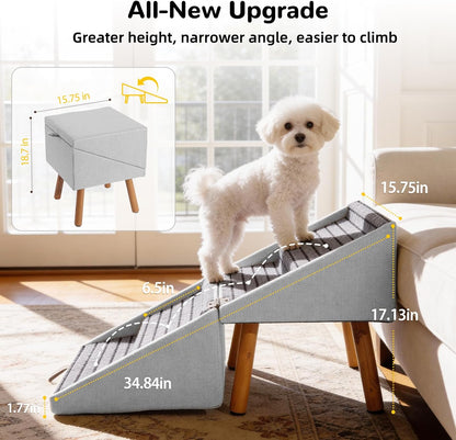 17.13" H Dog Stairs for Small Dogs, 2-in-1 Pet Steps & Ottoman - Foldable Dog Stairs for Couch, Non-Slip Wooden Pet Stairs for Puppy Senior Injured Dogs