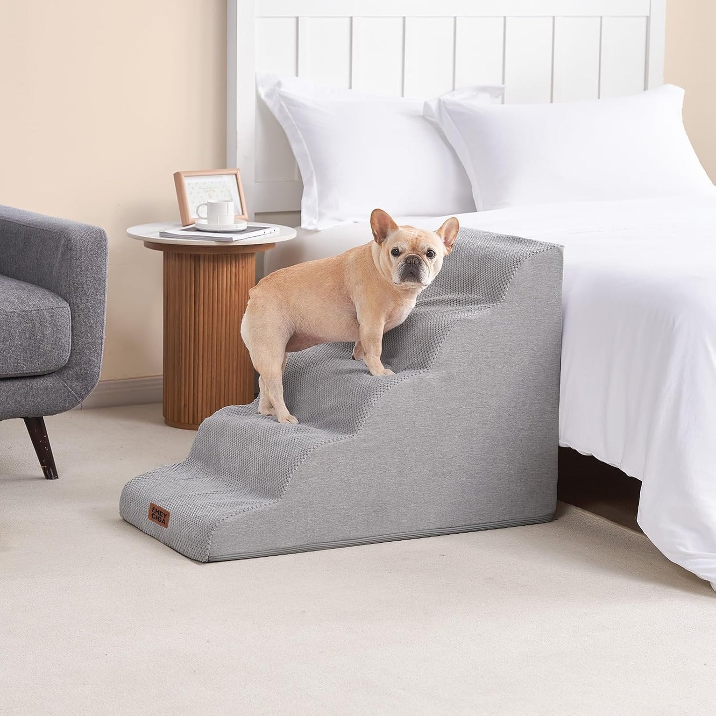 EHEYCIGA Curved Dog Stairs Ramp for High Beds 19.7" H, 4-Step Dog Steps for Small Dogs and Cats, Pet Stairs for High Bed Climbing, Non-Slip Balanced Pet Step Indoor, Grey