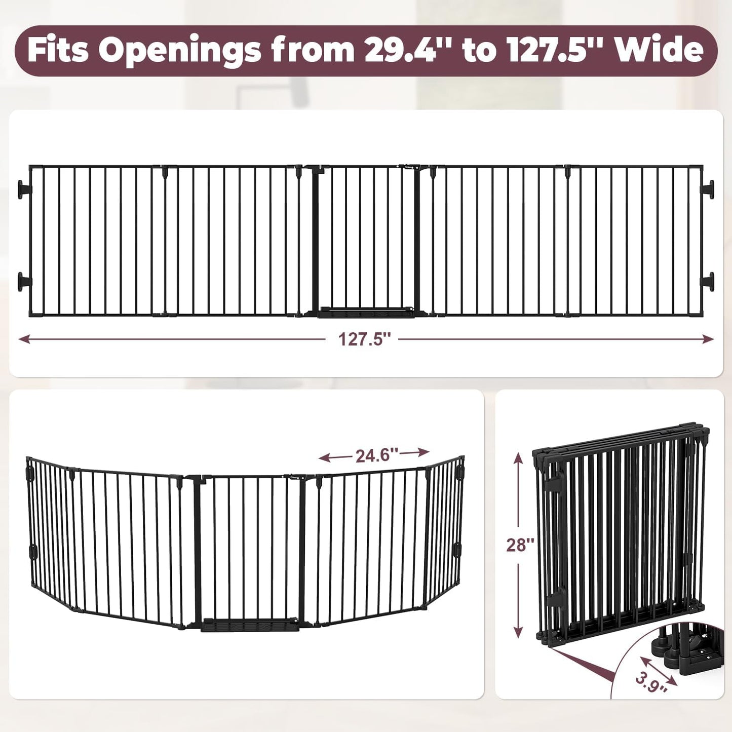 29.4-78" Extra Wide Baby Gate, Long Dog Gates Indoor for Doorways Stairs, Essential Large Safety Gate for Child Toddler with Anti-Trip Pedal, Adjustable Pet Gate, 28" Tall 3 Metal Panels Black