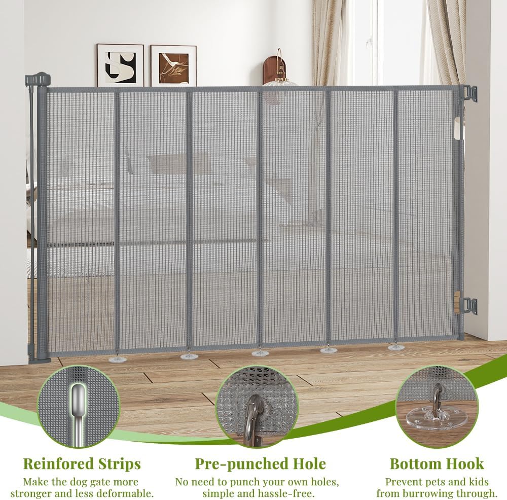 47" Extra Tall Retractable Baby Gates, Extends to 71" Wide, ExtraTall Retractable Safety Gate with Reinforced Strips, Retractable Tall Dog Gates for Doorways Mesh Baby Pet Gates Indoor, Grey