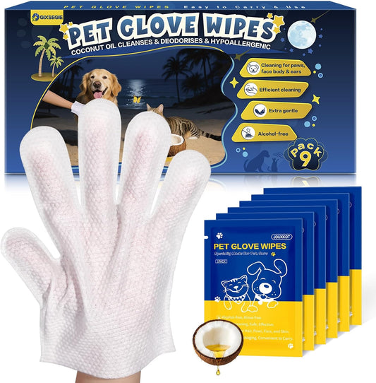 Pet Glove Wipes for Dogs and Cats, Deodorizing Cleaning Gloves, Hypoallergenic Coconut Oil Grooming Wipes, Individually Wrapped, for Pet Dry Cleaning, Daily Care and Travel, 18 Pcs