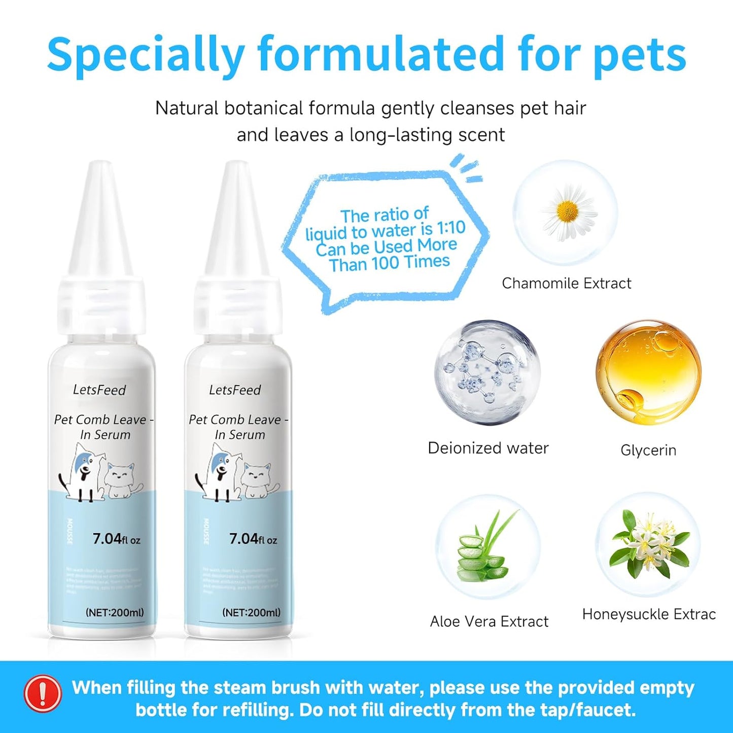 Pet Steam Brush for Dog & Cat - 3-in-1 Steam Grooming Brush for Shedding & Hair Removal - Self Cleaning Spray Comb with Mist for Long Haired Pets - Includes 1*Waterless Shampoo, Blue.