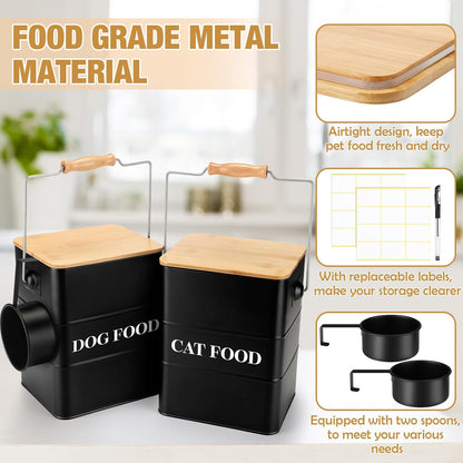 Tioncy 2 Pcs Metal Dog and Cat Food Storage Containers Big Pet Food Containers with Bamboo Lids and Spoon Airtight 5-7 Lbs Dog Cat Treat Snack Jars with DIY Labels for Kitchen Counter(White)