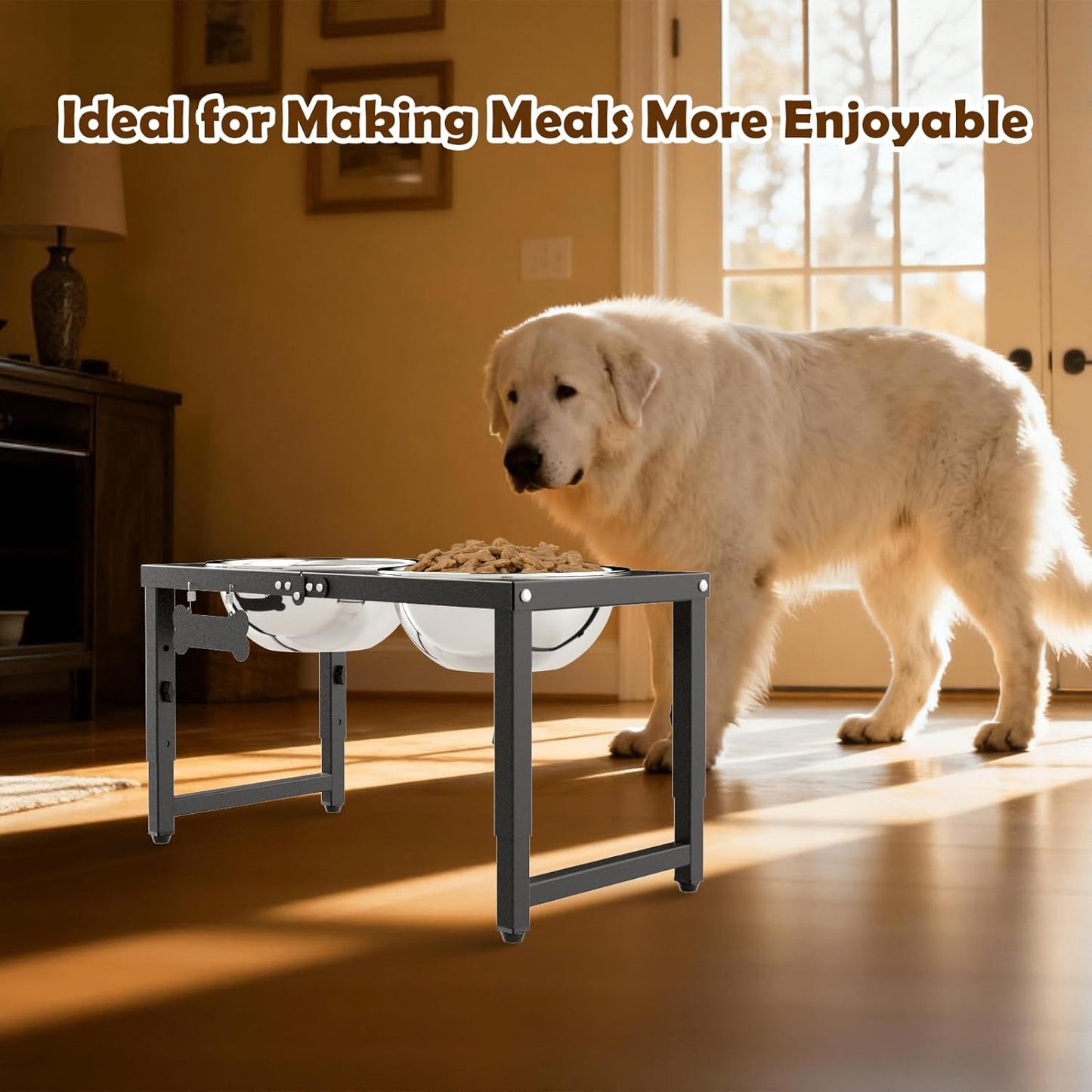 SHAINFUN Metal Elevated Dog Bowls Stand for Large Dogs with Mat & Three 58oz Food Water Bowls, Adjustable Height Raised Dog Bowl Stand