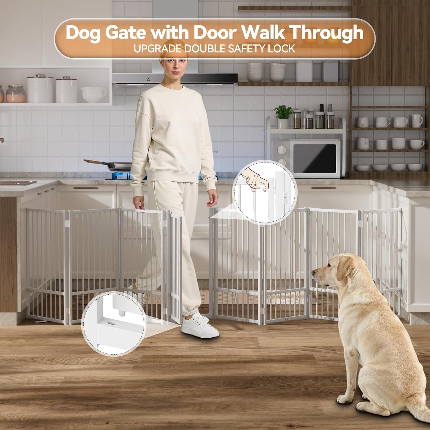SNUOWU Full Metal Freestanding Dog Gate with Door, 32''Height Foldable Pet Dog Fence for Indoor & Outdoor, 4 Panels Extra Wide Free Standing TallDog Gates for Doorways,House,Stairs,Porch,Deck,Yard