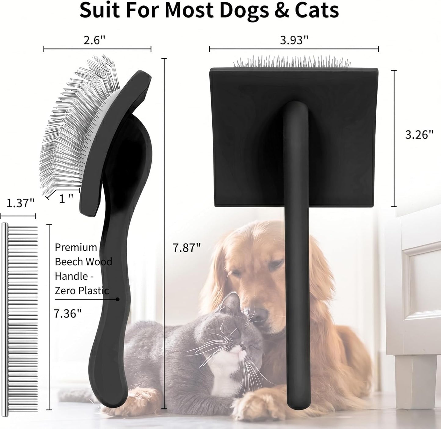 Slicker Brush for Doodles and Poodles - 2-Piece Solid Wood Dog Grooming Set with Extra Long Pin Dematting Tool and Metal Comb for Curly, Matted & Thick Hair, Purple