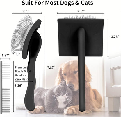 Slicker Brush for Doodles and Poodles - 2-Piece Solid Wood Dog Grooming Set with Extra Long Pin Dematting Tool and Metal Comb for Curly, Matted & Thick Hair, Purple