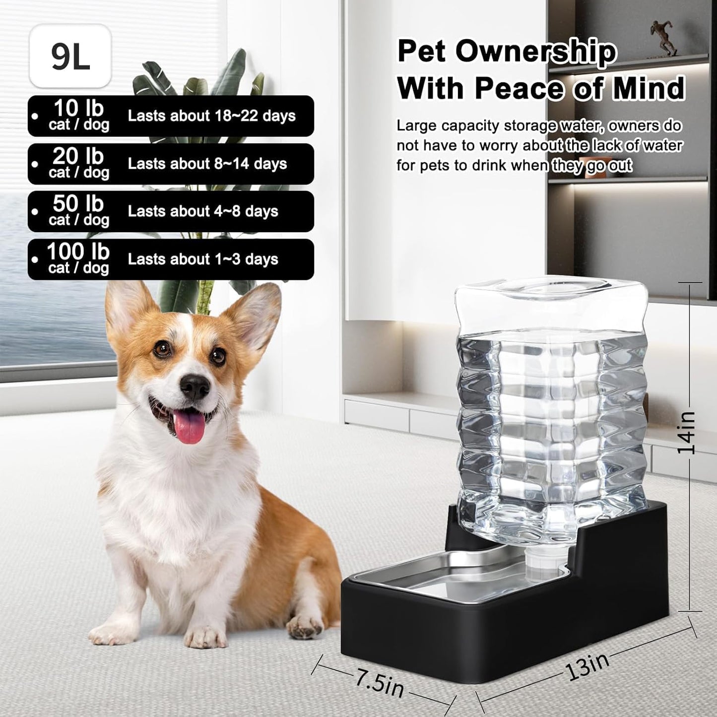 RIZZARI 10L Stainless Steel Dog Water Dispenser – Large Capacity Gravity Auto-Refill Waterer with Anti-Tip Design for Large Dogs, Ideal for Living Rooms, Offices & Indoor Pet Spaces