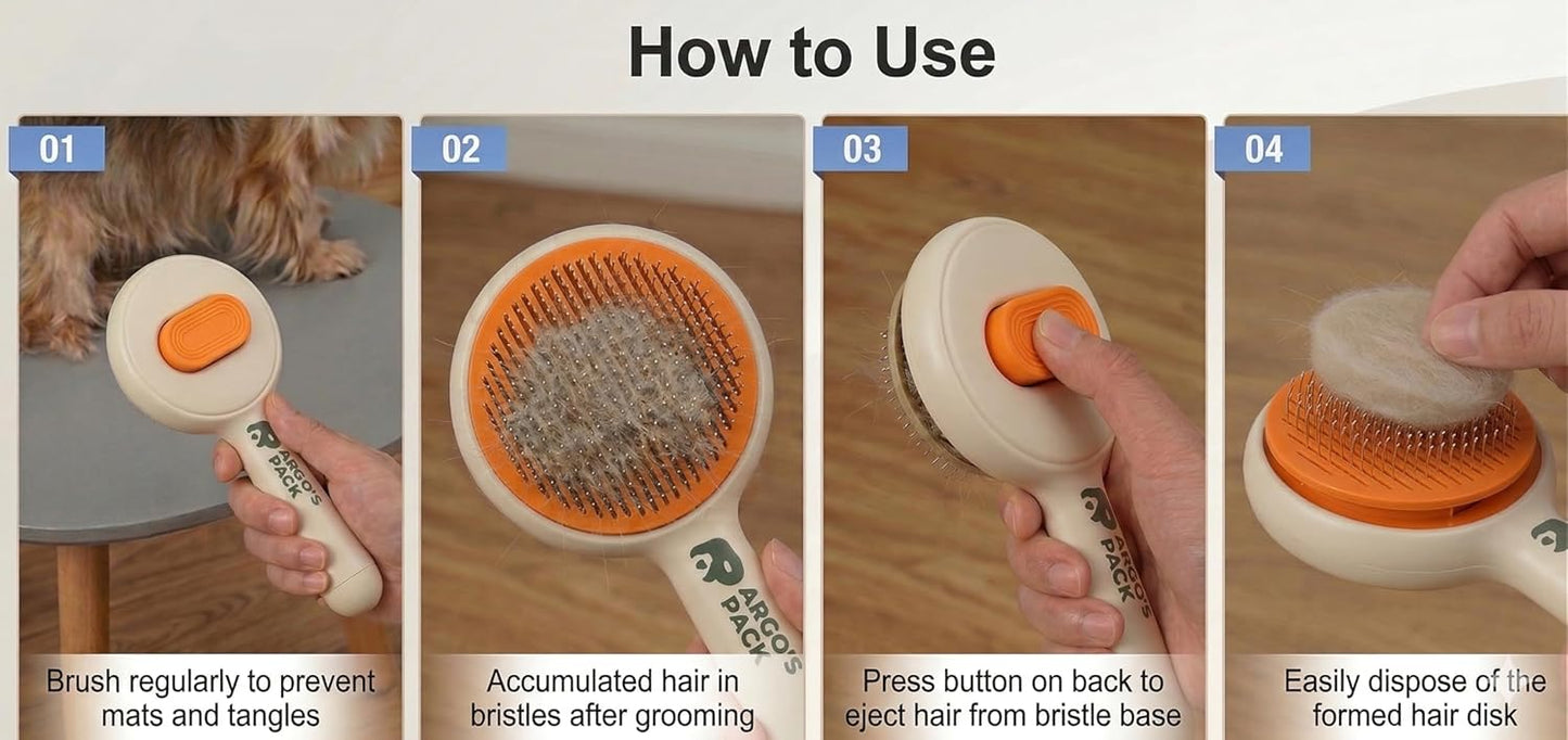 Argo's Pack - Pet Brush for Shedding - Self-Cleaning Slicker Brush for Cats and Dogs, Gently Removes Mats and Tangled Fur, Professional Grooming Tool for Long & Short Haired Pets, Hair Remover