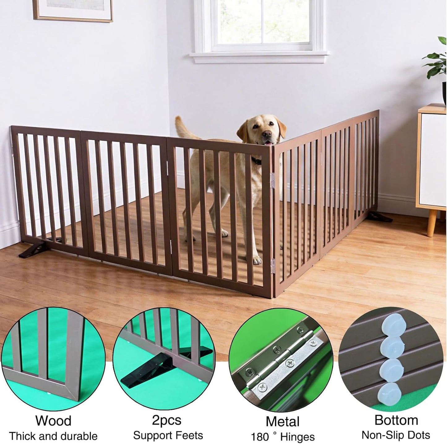 ZJSF Freestanding Indoor Dog Gate for House Foldable Wood Puppy Gate for Doorways Pet Gate for Stairs Extra Wide Pet Fence, Brown, 24" Height 3 Panels