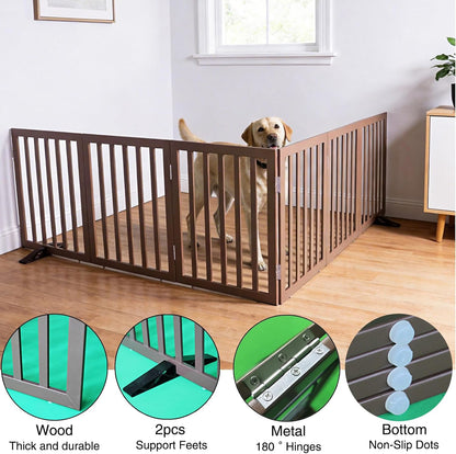 ZJSF Freestanding Indoor Dog Gate for House Foldable Wood Puppy Gate for Doorways Pet Gate for Stairs Extra Wide Pet Fence, Brown, 24" Height 3 Panels