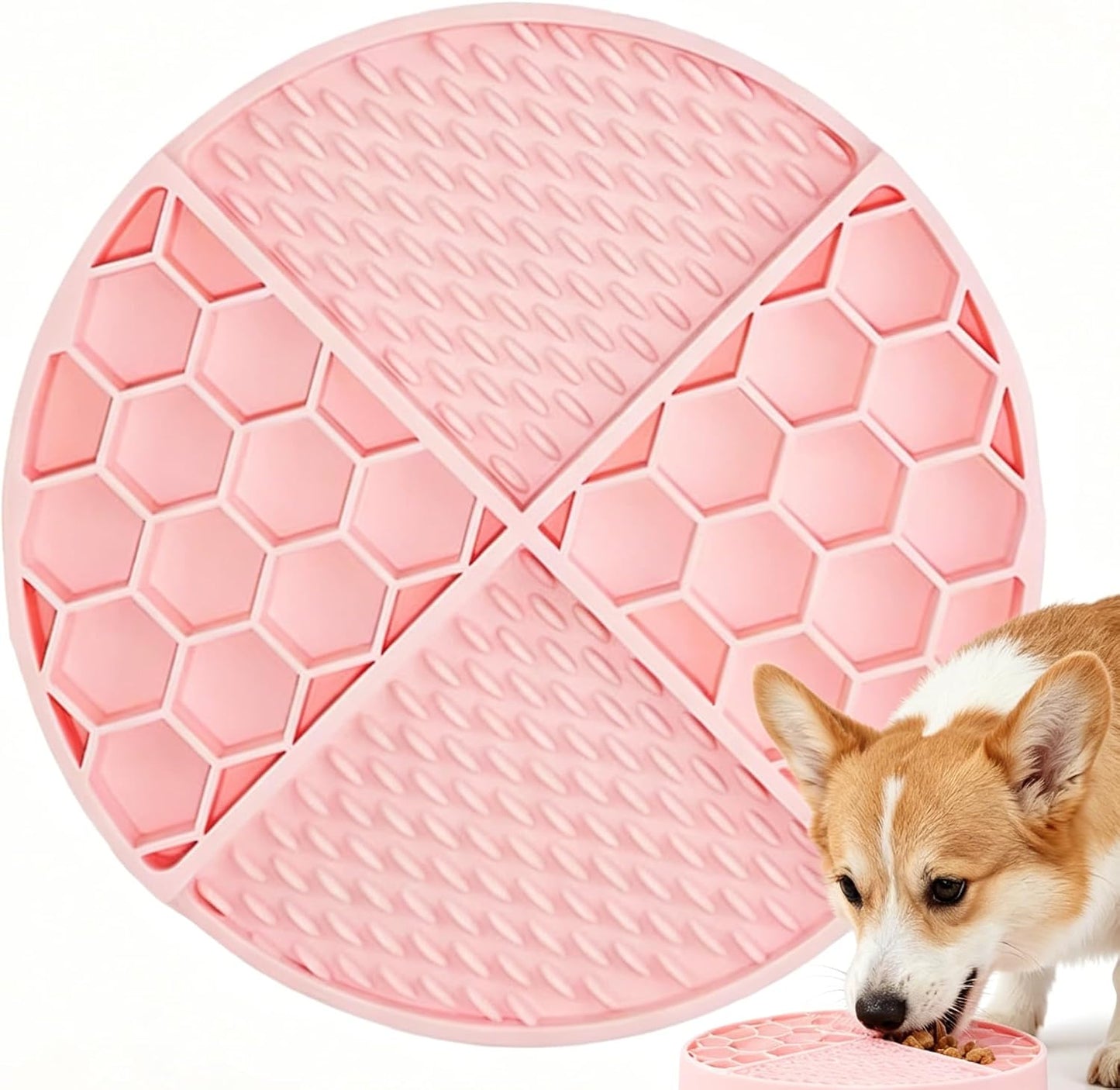 Lick Mat for Dogs, Puppies & Cats - Easy-Clean Slow Feeder Pad, Small Round Rubber Suction Mat, Honeycomb Texture, Pink, for Bathing Grooming & Anxiety Relief