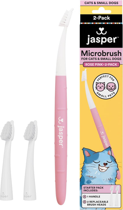 Jasper Microbrush Vet Approved Cat Toothbrush, Soft-Bristled Toothbrush Kit for Felines & Small Dogs, Non-Slip Handle with 2 Replaceable Tooth Brush Heads, Use with Cat Toothpaste, 2-Pack, Rose Pink
