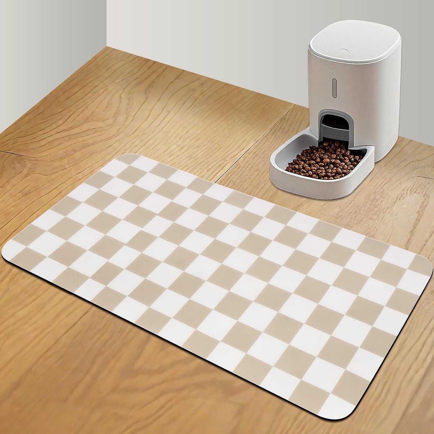 CooRug Checkered Dog Food Mat, Absorbent Leak-Proof Pet Feeding Mat, Quick Dry Cat Food Mat for Messy Drinkers 12" x 20" Khaki