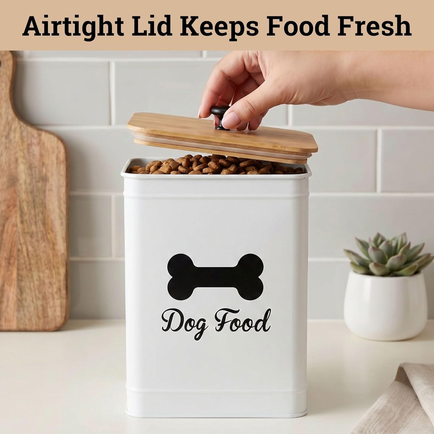 Dog Food Container Airtight 5-7 lb (25 Cup) Capacity - Cute Airtight Dog Food Storage Container with Bamboo Lid & Sturdy Metal Handle - White Metal Kibble Storage Bin for Dogs up to 50 lbs - Pet Jar
