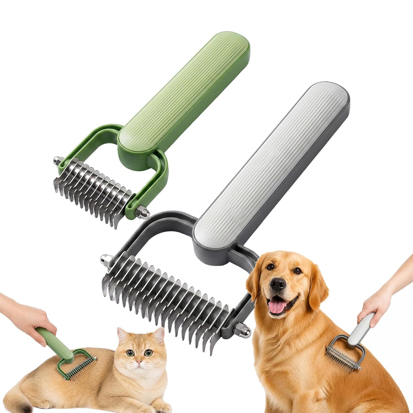 Double Sided Dematting Comb for Dogs and Cats – Undercoat Rake Pet Grooming Tool for Shedding, Tangles & Matted Fur, Stainless Steel Deshedding Brush for Long Haired & Thick Coat Pets (Green & Gray)